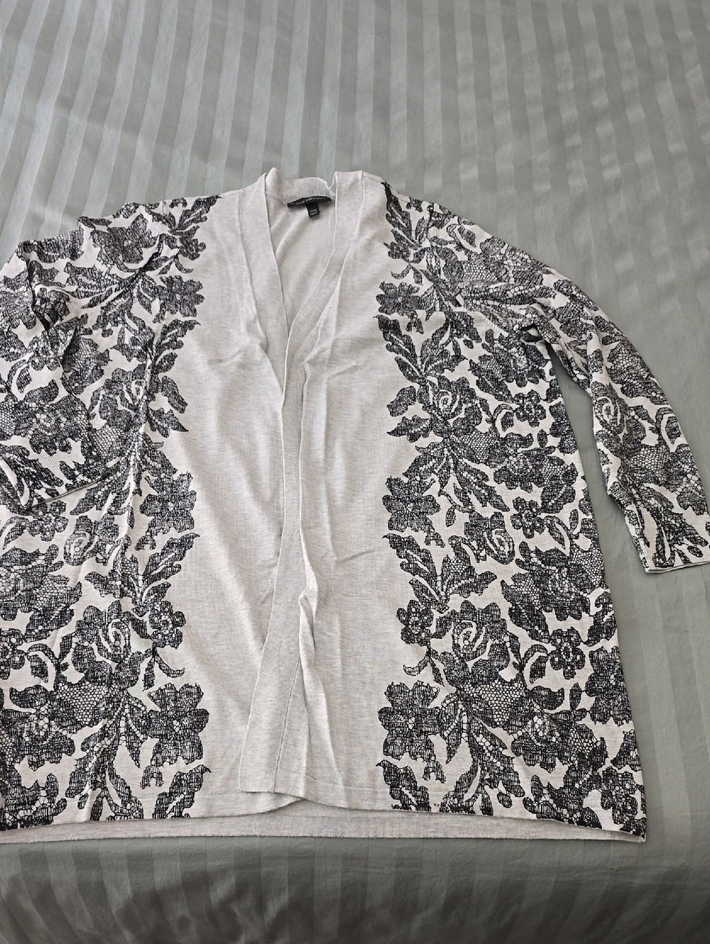 Lane Bryant Light Gray and Black Floral Open-Front Cardigan